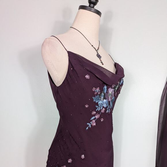 Vintage Papell Silk Midi Dress Cocktail Gown 6 Purple Y2K Fairy Floral Bead Slip - Picture 6 of 15